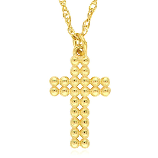 14K Yellow Gold Puffy Beaded Cross Necklace (Solid Links) 16"-18" Adjustable