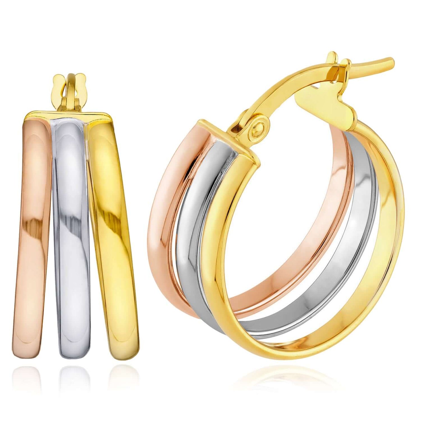 Real 14K Tri-Color Gold Round Triple Hoop Earrings 15mm
