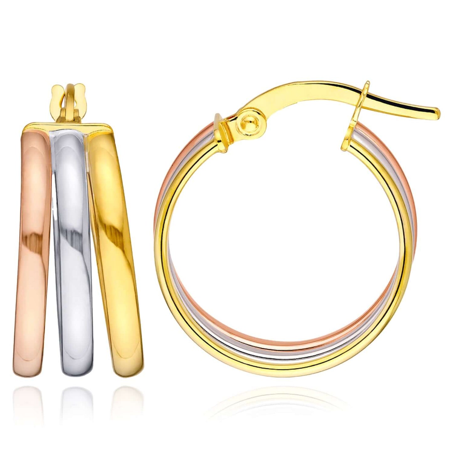Real 14K Tri-Color Gold Round Triple Hoop Earrings 15mm