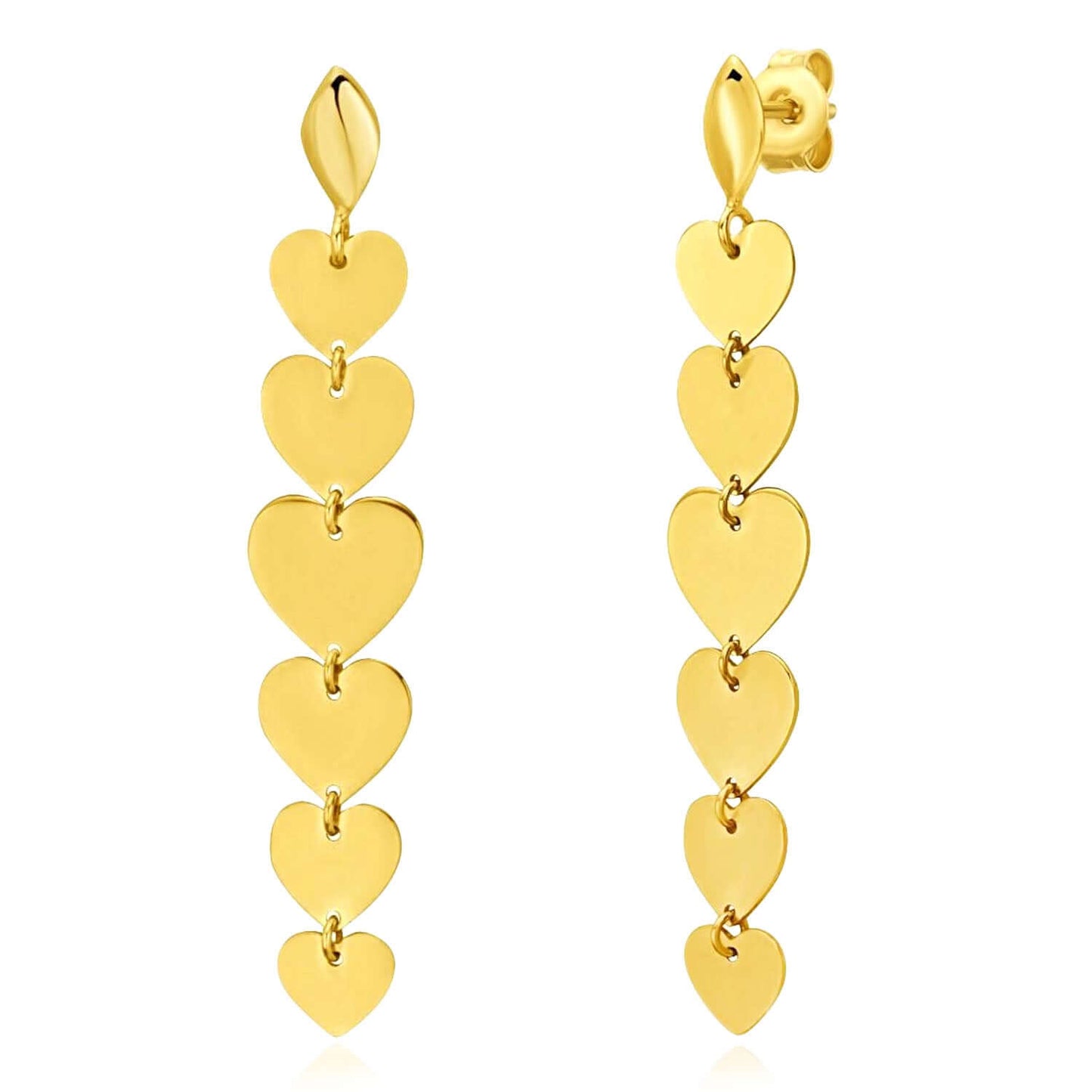 Real 14K Gold Polished Multiple Heart Dangle Earrings 2"