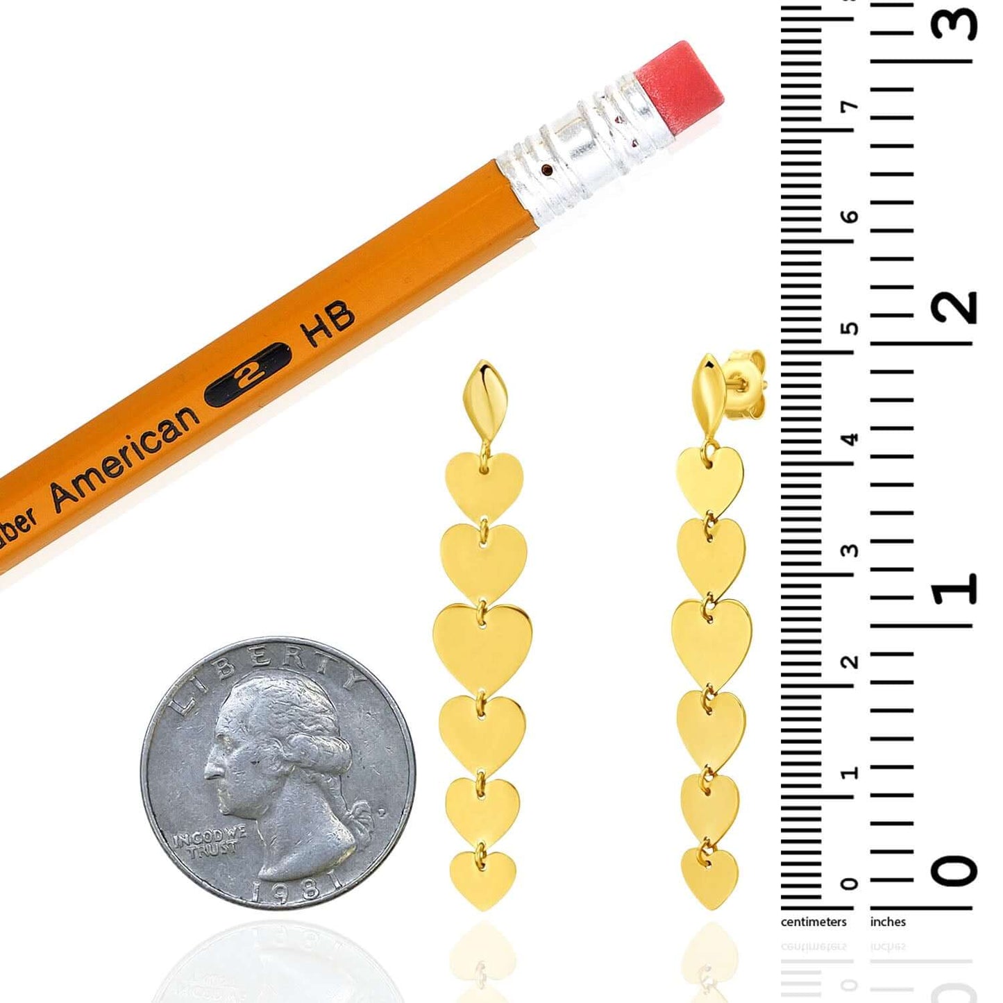 Real 14K Gold Polished Multiple Heart Dangle Earrings 2"