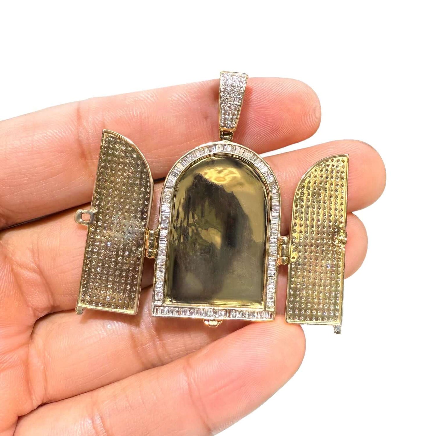 Customizable 3.75CTW Real Diamond Real 10K Gold Tomb Doors Memory Pendant 1.4"