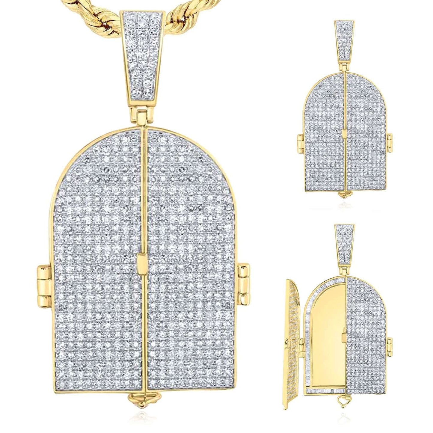 Customizable 3.75CTW Real Diamond Real 10K Gold Tomb Doors Memory Pendant 1.4"