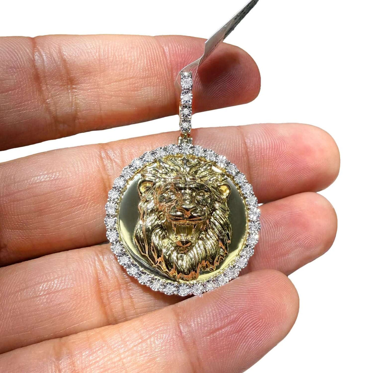 0.15CTW Real Diamond Gold Over Silver Lion Face Round Pendant 1.7"