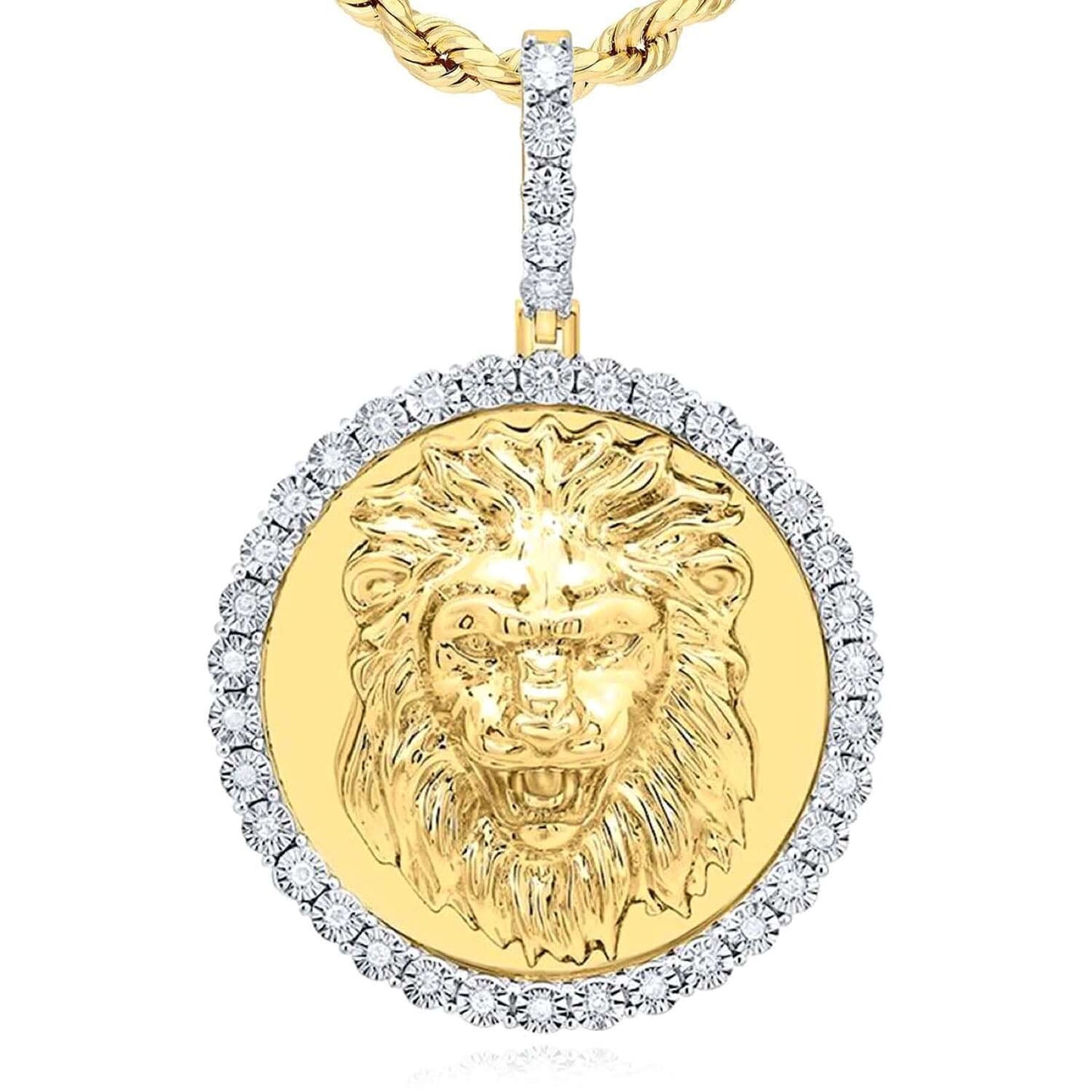 0.15CTW Real Diamond Gold Over Silver Lion Face Round Pendant 1.7"