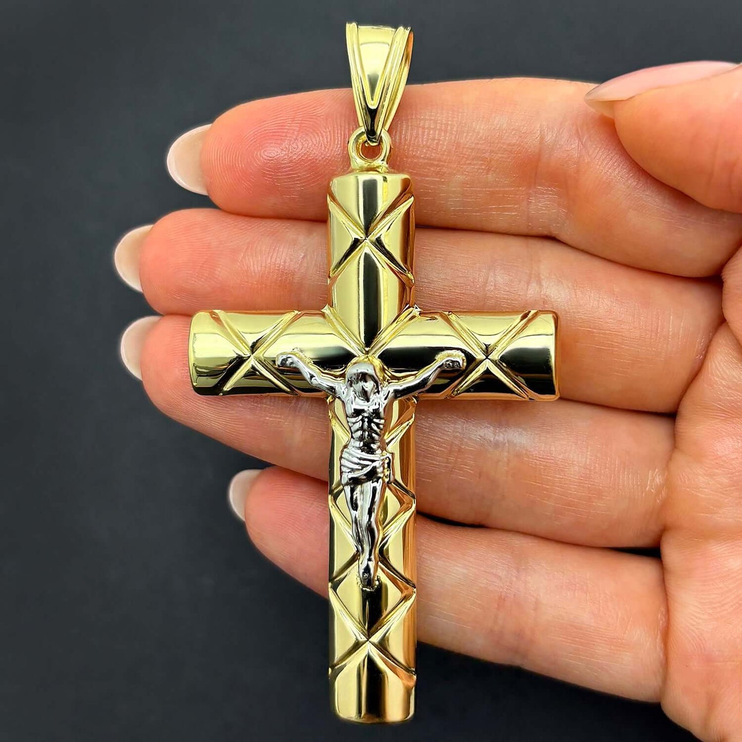 Real 14K Two-Tone Gold Jesus Crucifix Cross Pendant 3"