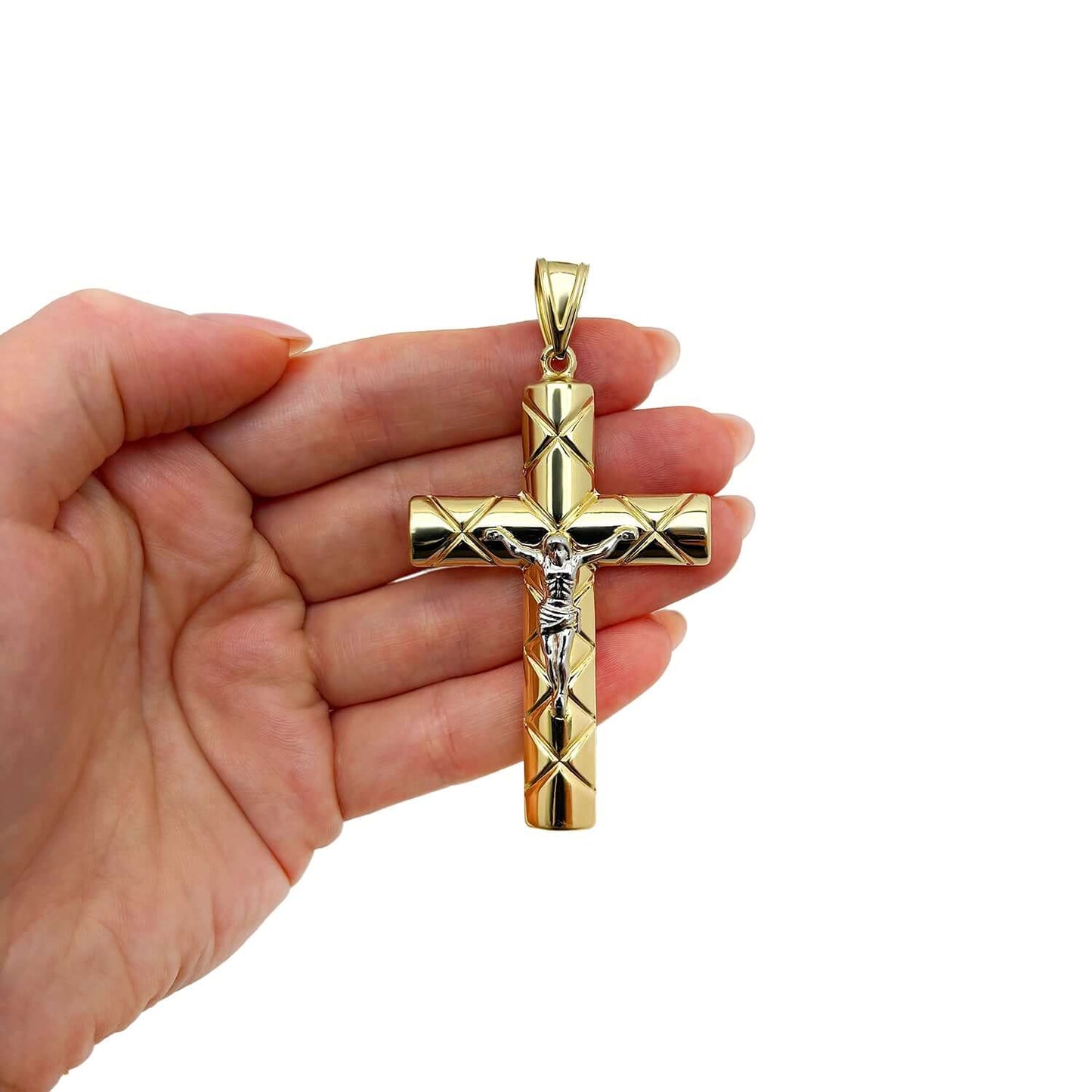 Real 14K Two-Tone Gold Jesus Crucifix Cross Pendant 3"
