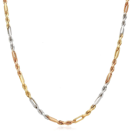 14K Tri-Color Gold Rose White 3mm Figarope Chain (Solid Links) 22"-26"
