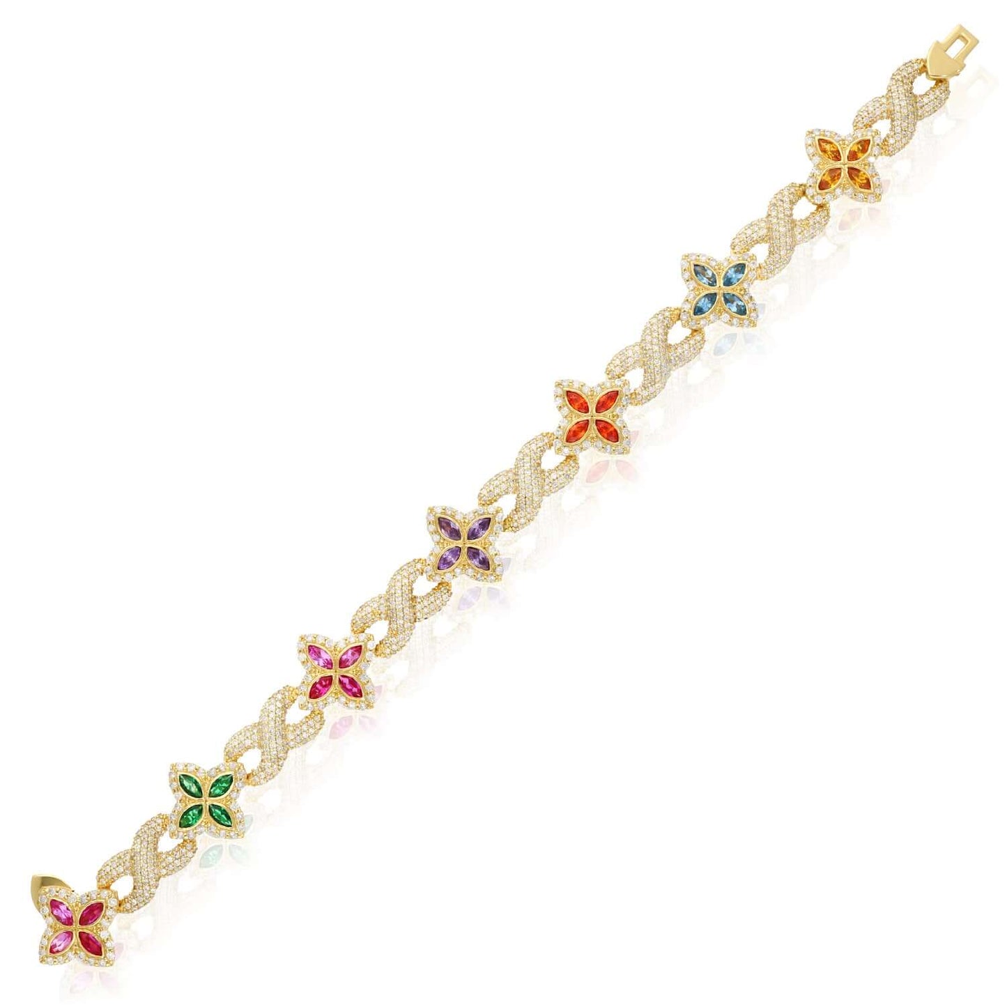 5.91CTW Real Diamond & Multicolor Marquise Gemstones Real 10K Gold Flower Bracelet 8"