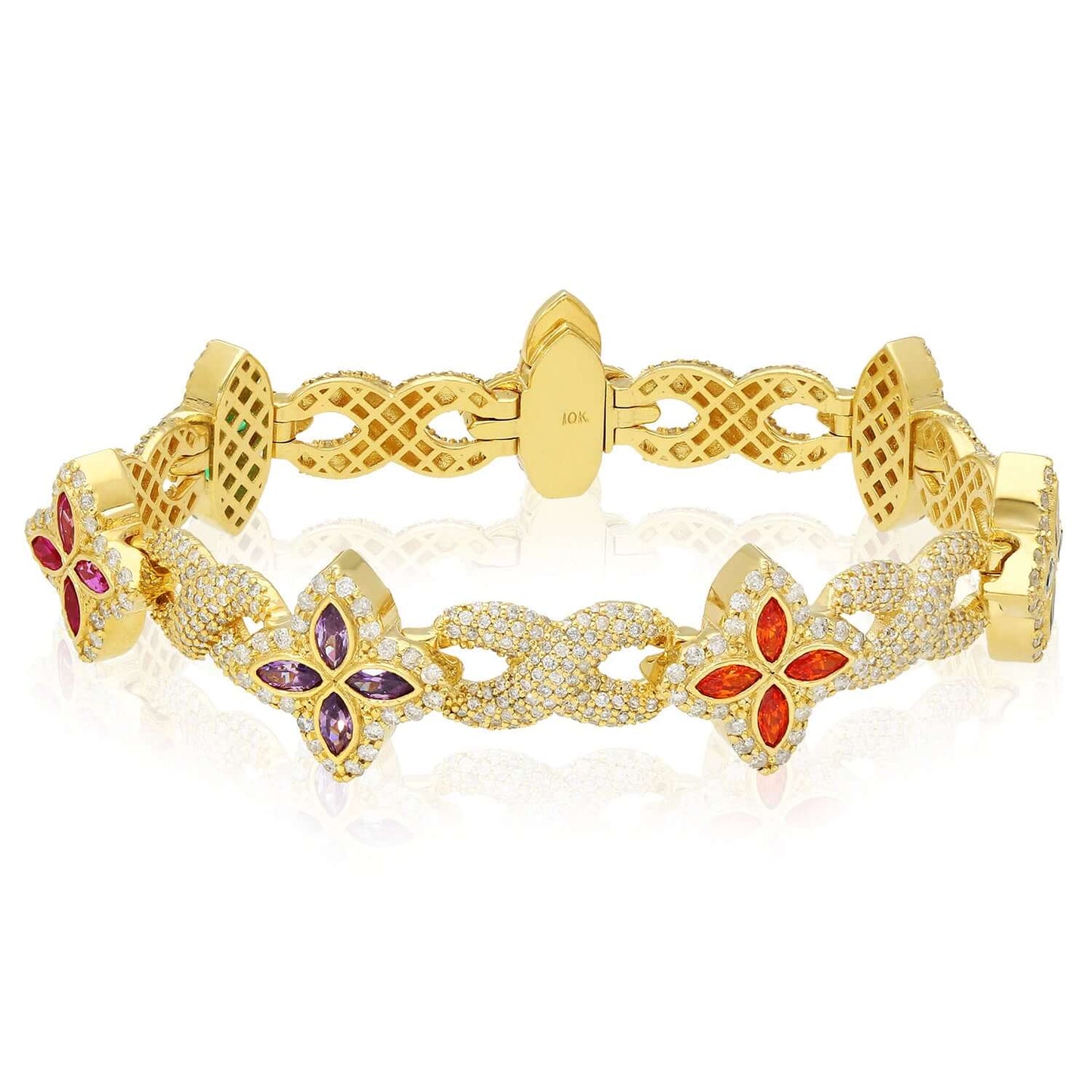 5.91CTW Real Diamond & Multicolor Marquise Gemstones Real 10K Gold Flower Bracelet 8"