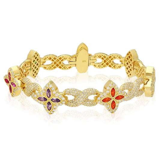 5.91CTW Natural Diamond & Multicolor Marquise Gemstones 10K Yellow Gold Flower Bracelet (Solid Links) 8"