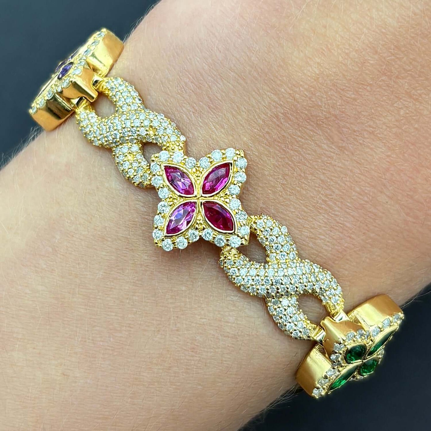 5.91CTW Real Diamond & Multicolor Marquise Gemstones Real 10K Gold Flower Bracelet 8"