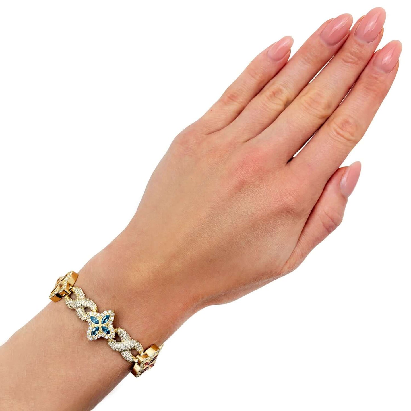 5.91CTW Real Diamond & Multicolor Marquise Gemstones Real 10K Gold Flower Bracelet 8"