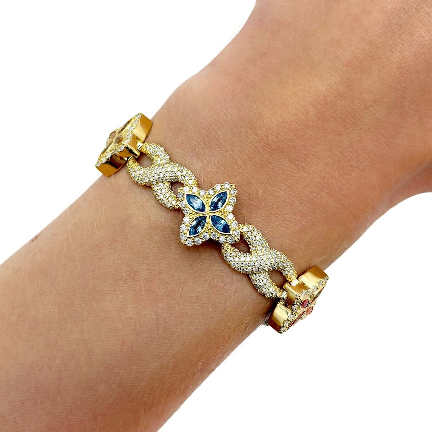 5.91CTW Real Diamond & Multicolor Marquise Gemstones Real 10K Gold Flower Bracelet 8"