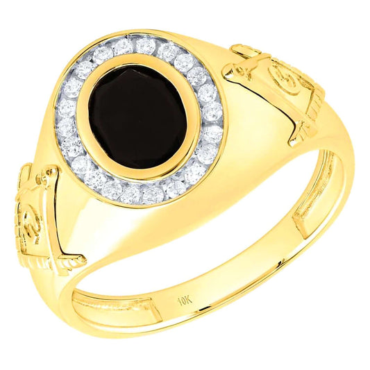 0.20CTW Natural Diamond & Onyx Real 10K Gold Mason Symbol Signet Ring
