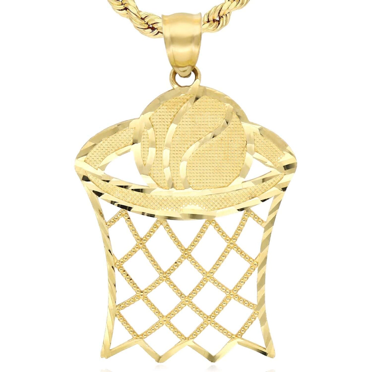 Real 10K Gold Textured Basketball Hoop Sport Pendant 1.5"