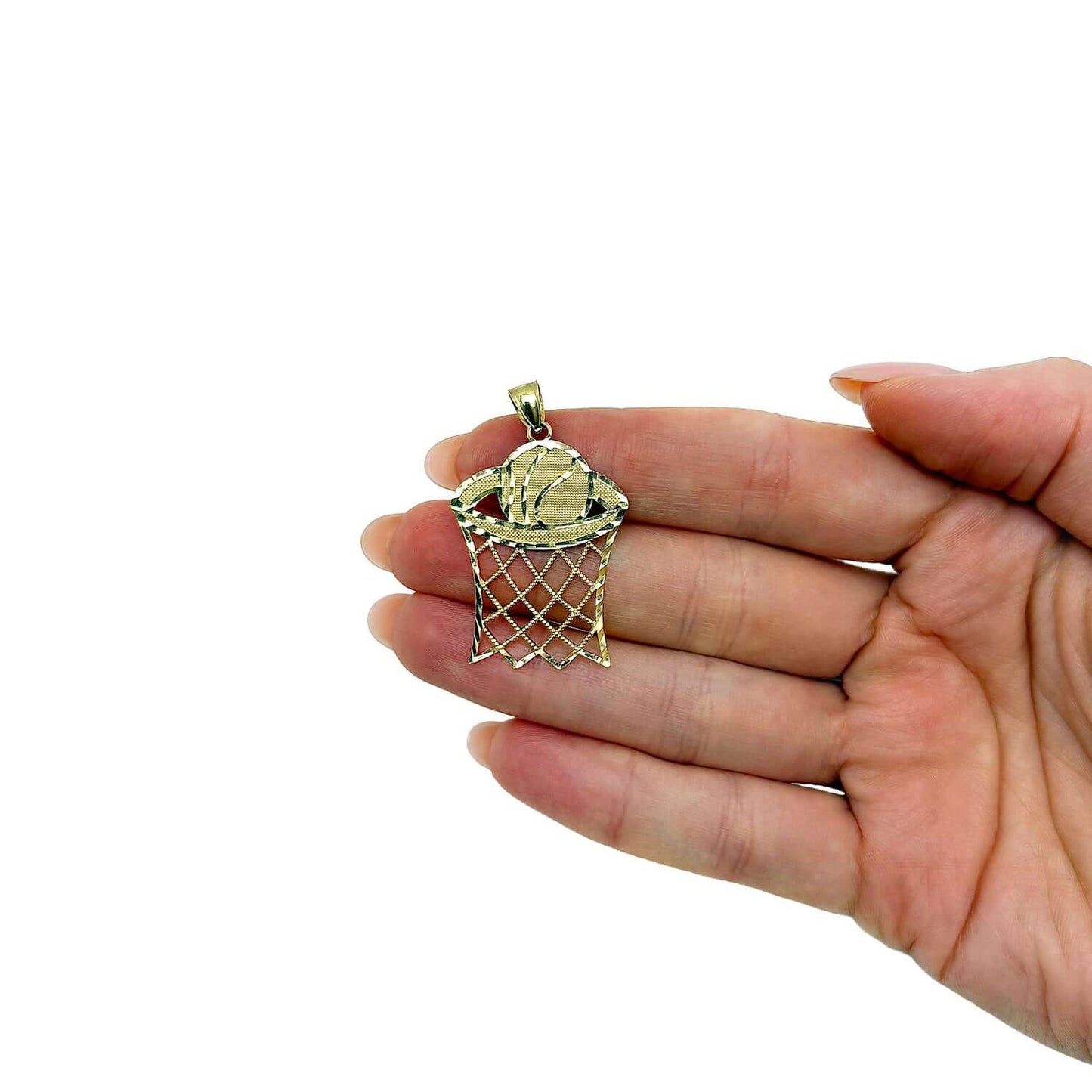 Real 10K Gold Textured Basketball Hoop Sport Pendant 1.5"