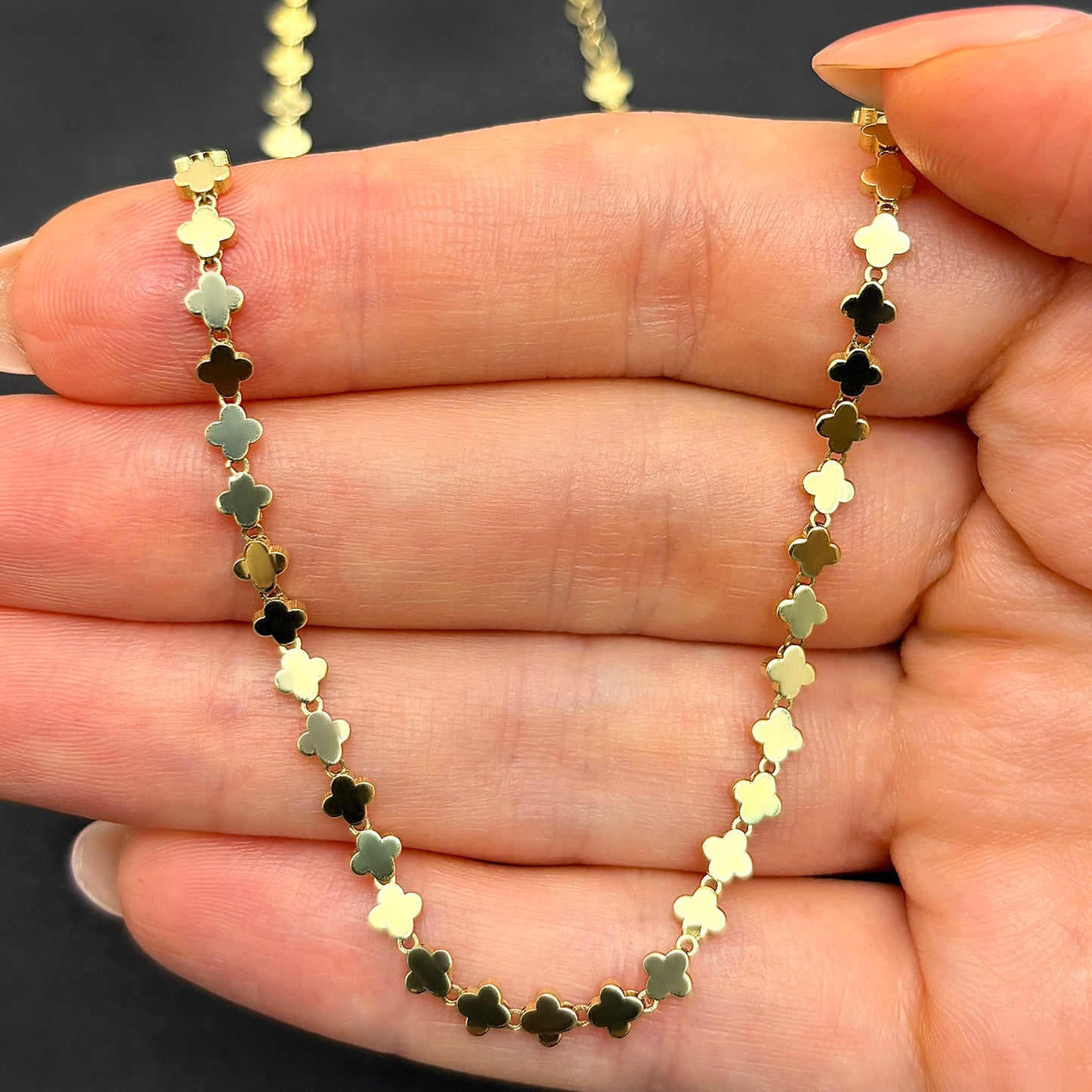 Real 14K Gold 3.5mm Clover Link Adjustable Chain Necklace 16"-17"