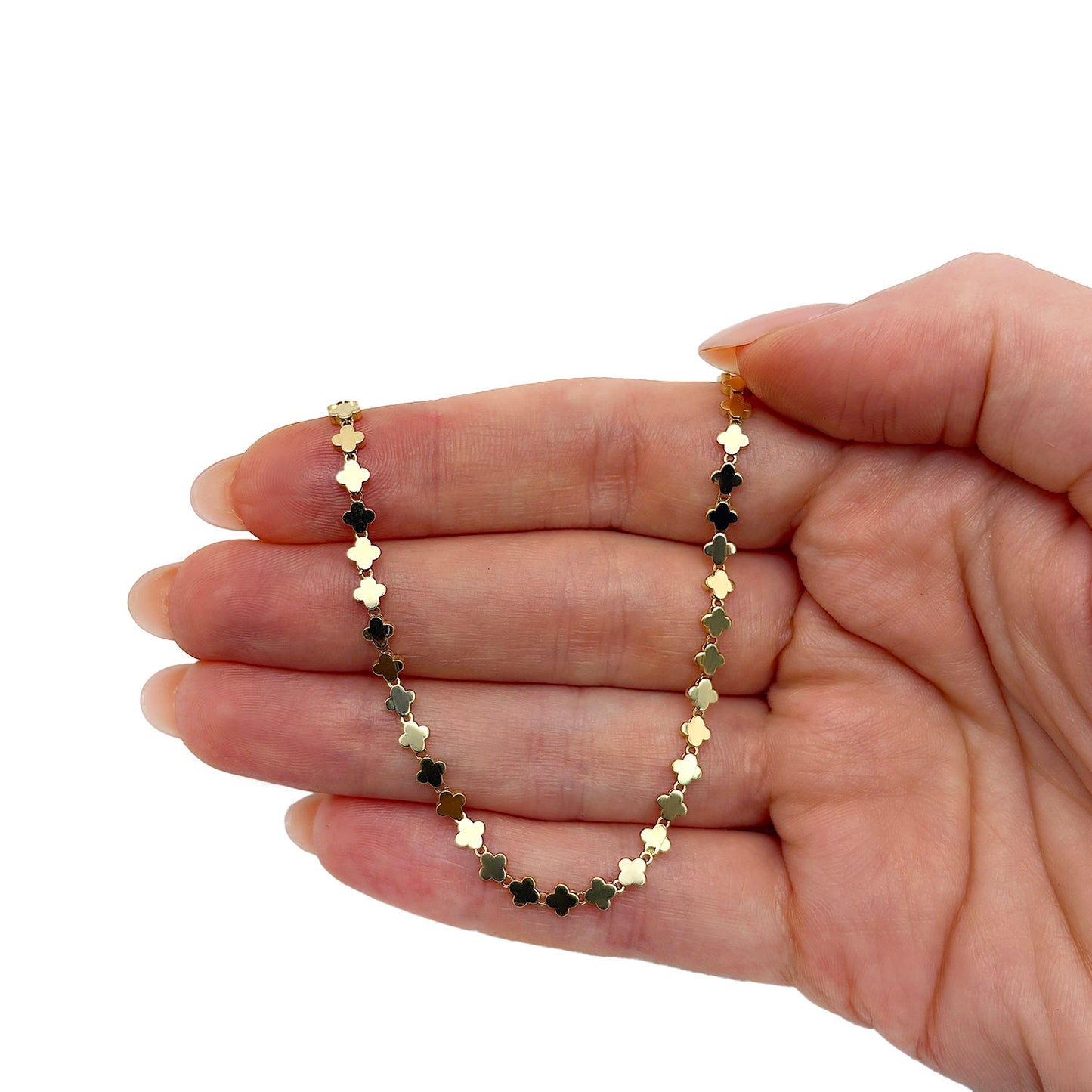 Real 14K Gold 3.5mm Clover Link Adjustable Chain Necklace 16"-17"