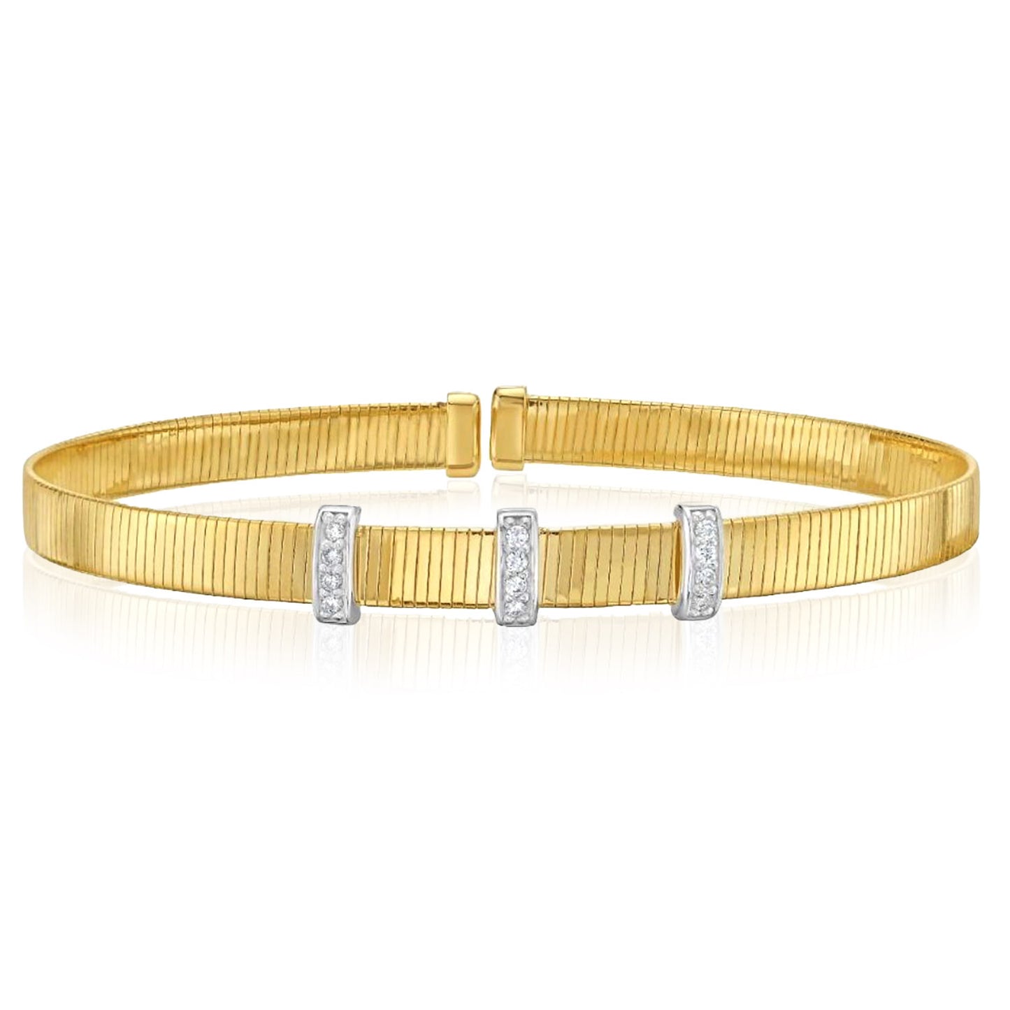 Real 14K Two-Tone Gold 0.11CTW Real Diamond 6.5mm Station Bar Omega Cuff Bracelet
