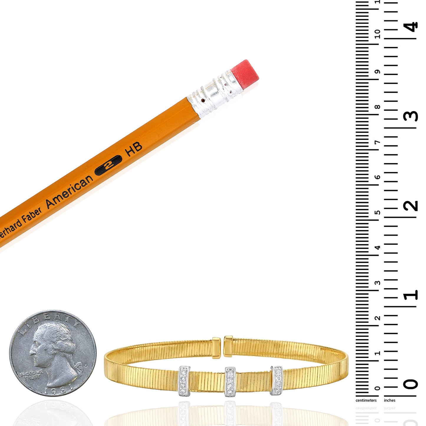 Real 14K Two-Tone Gold 0.11CTW Real Diamond 6.5mm Station Bar Omega Cuff Bracelet