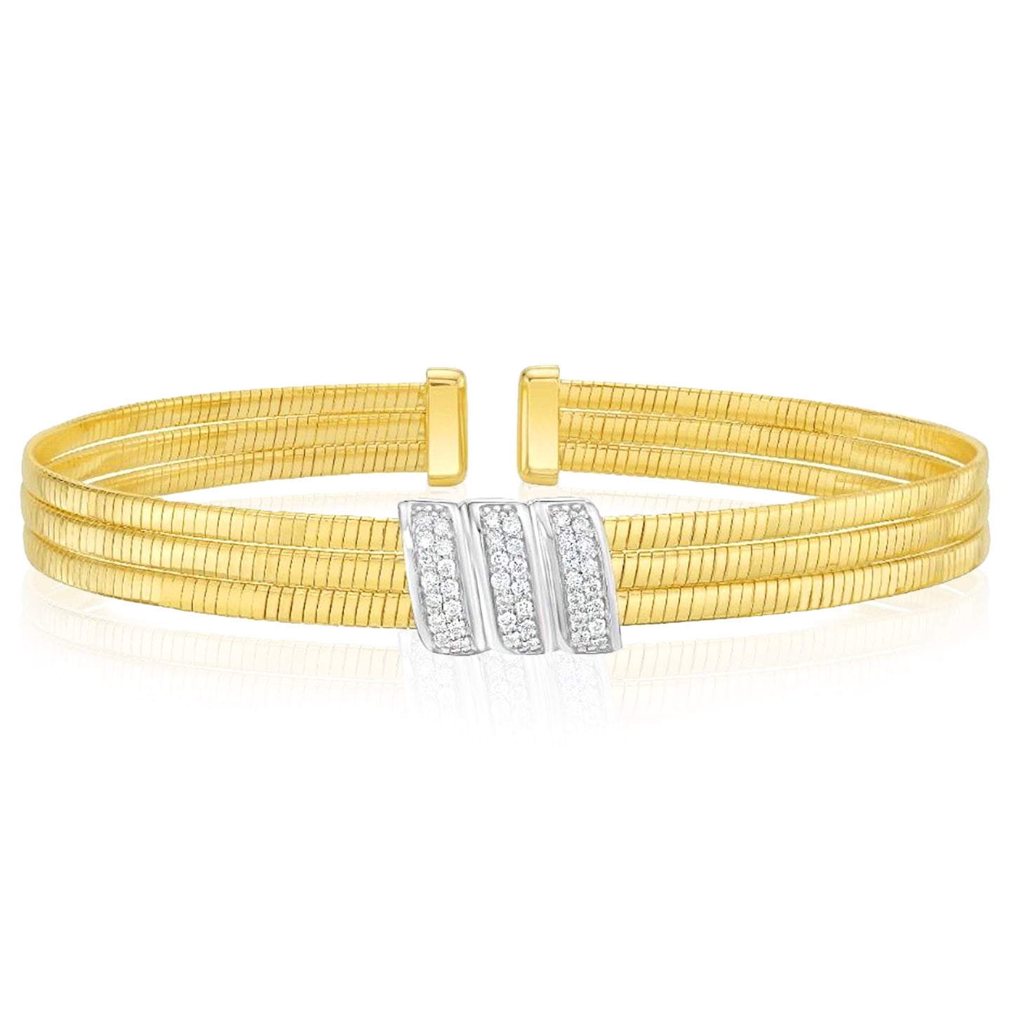Real 14K Two-Tone Gold 0.21CTW Real Diamond Triple Row Omega Bangle Cuff Bracelet