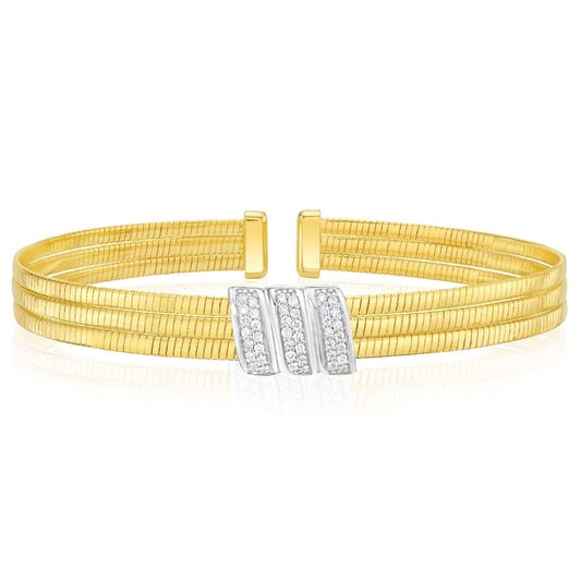0.21CTW Natural Diamond 14K Two-Tone Gold Triple Row Omega Bangle Cuff Bracelet (Solid Links)