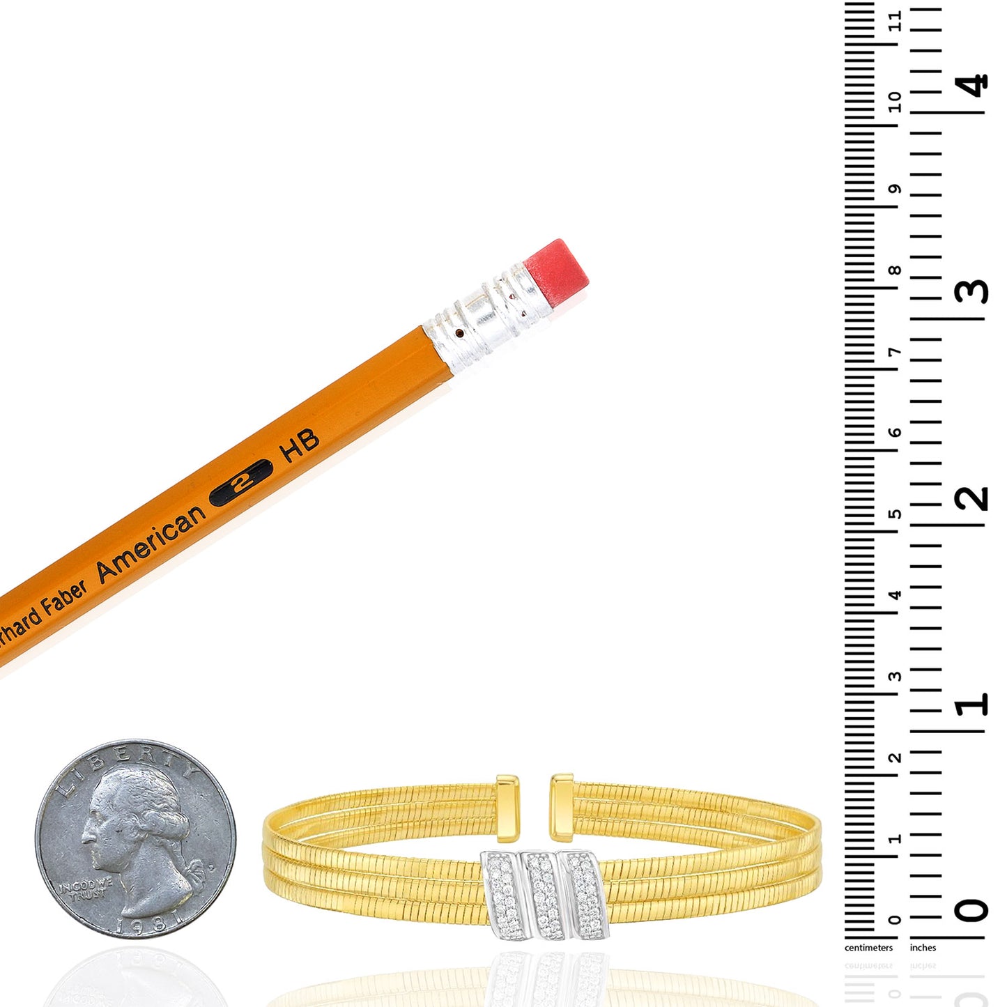 Real 14K Two-Tone Gold 0.21CTW Real Diamond Triple Row Omega Bangle Cuff Bracelet
