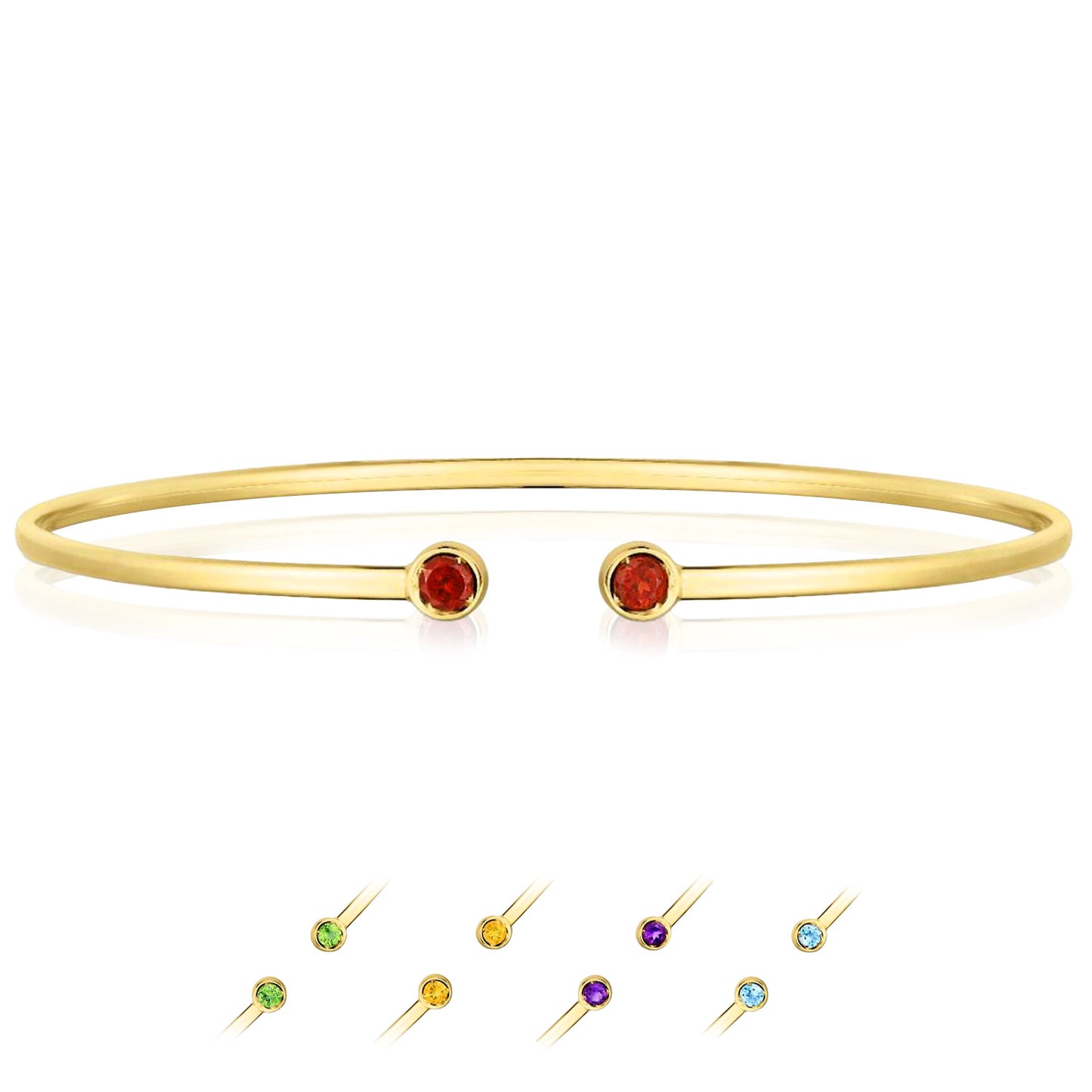 Real 14K Gold Amethyst Topaz Peridot Citrine Garnet Open Cuff Bangle Bracelet
