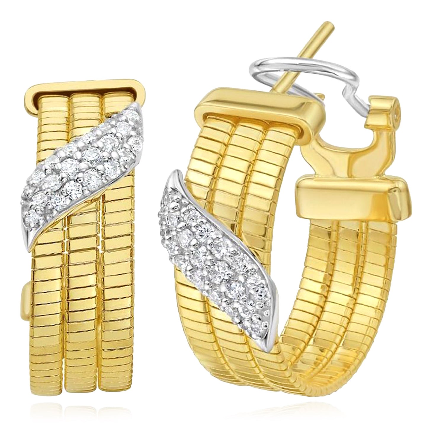 Real 14K Two-Tone Gold 0.33CTW Real Diamond Triple Row Omega Hoops Earrings 21mm