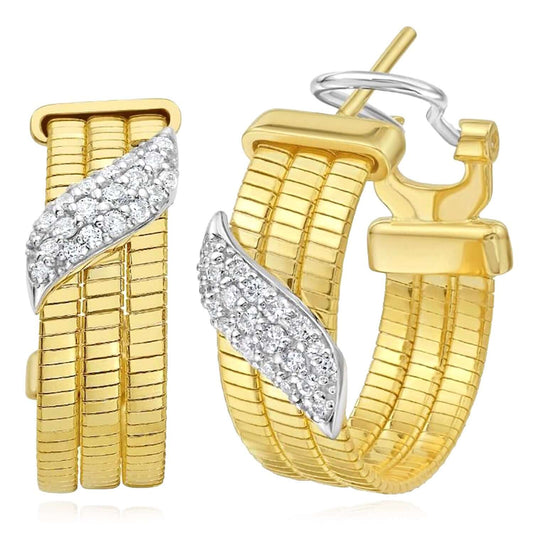Real 14K Two-Tone Gold 0.33CTW Natural Diamond Triple Row Omega Hoops Earrings 21mm