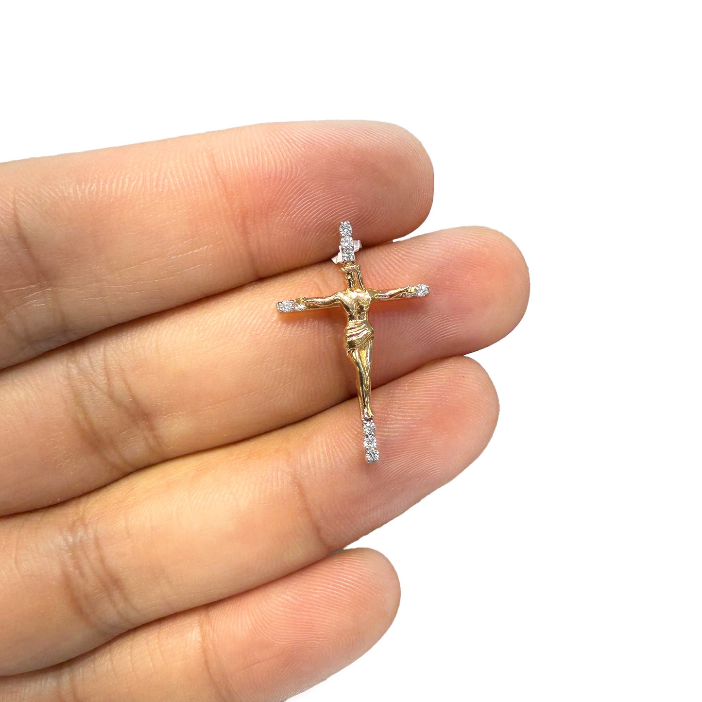 Real 10K Gold 0.10TCW Real Diamond Jesus Cross Pendant 1"