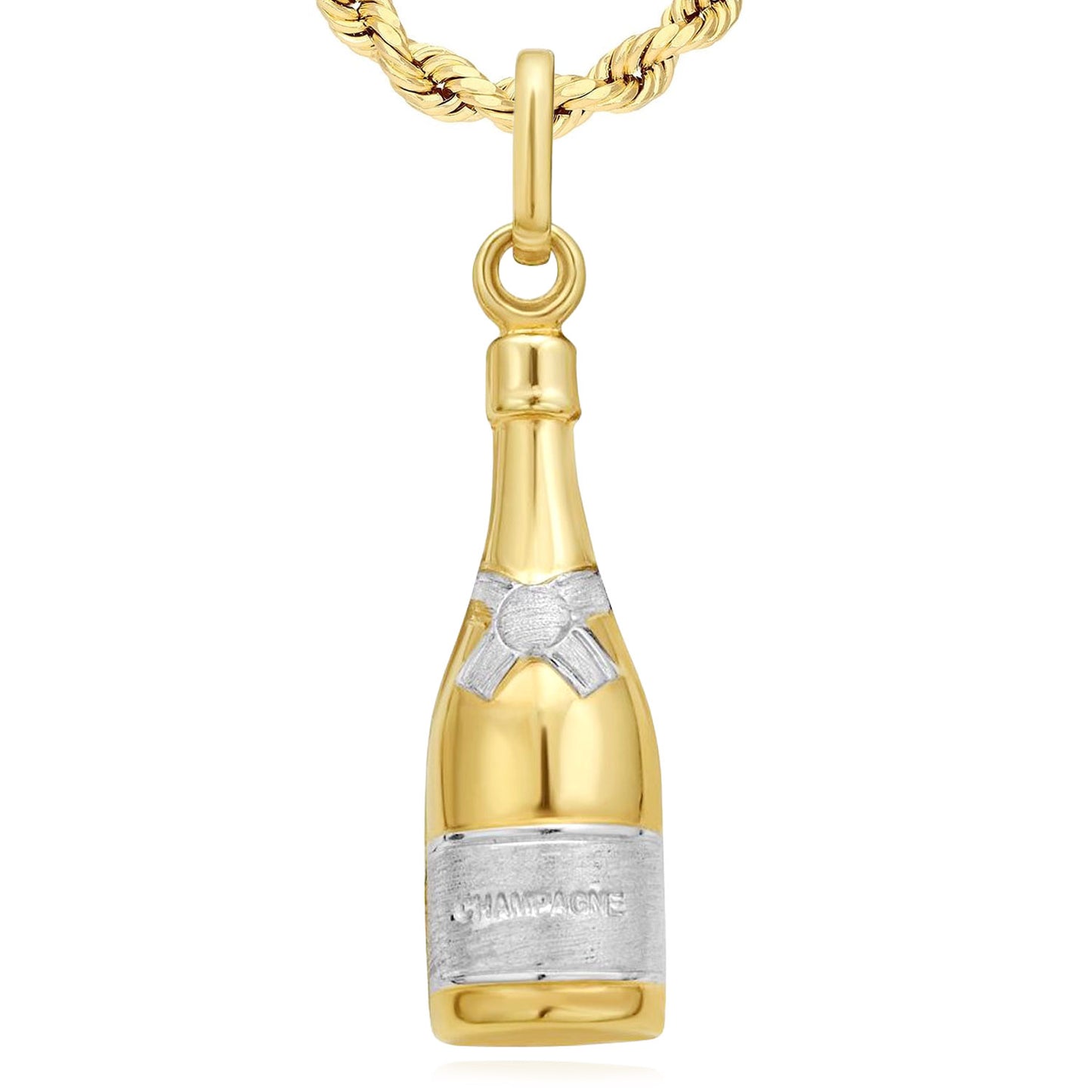 Real 14K Two-Tone Gold Champagne Bottle Charm Pendant 1"