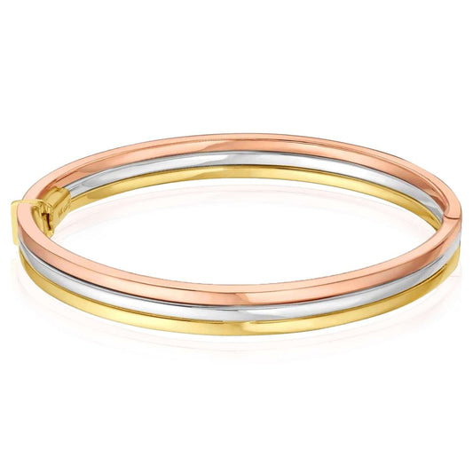 14K Tri-Color Gold Polished Layered Trinity Bangle Bracelet (Solid Links) 7.5"