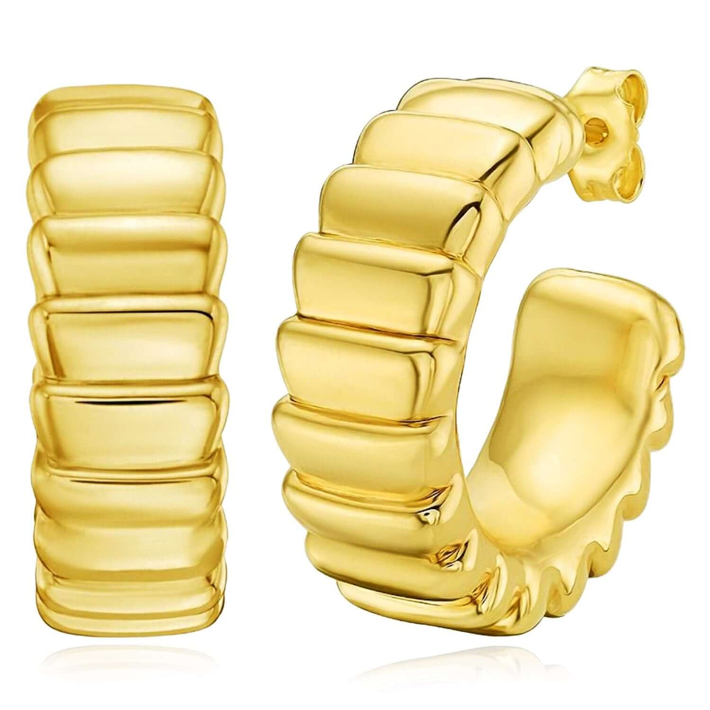 Real 14K Gold Ribbed Straight Edge C-Hoops Earrings 23mm