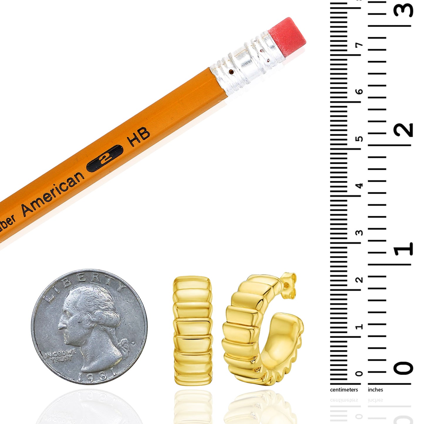 Real 14K Gold Ribbed Straight Edge C-Hoops Earrings 23mm