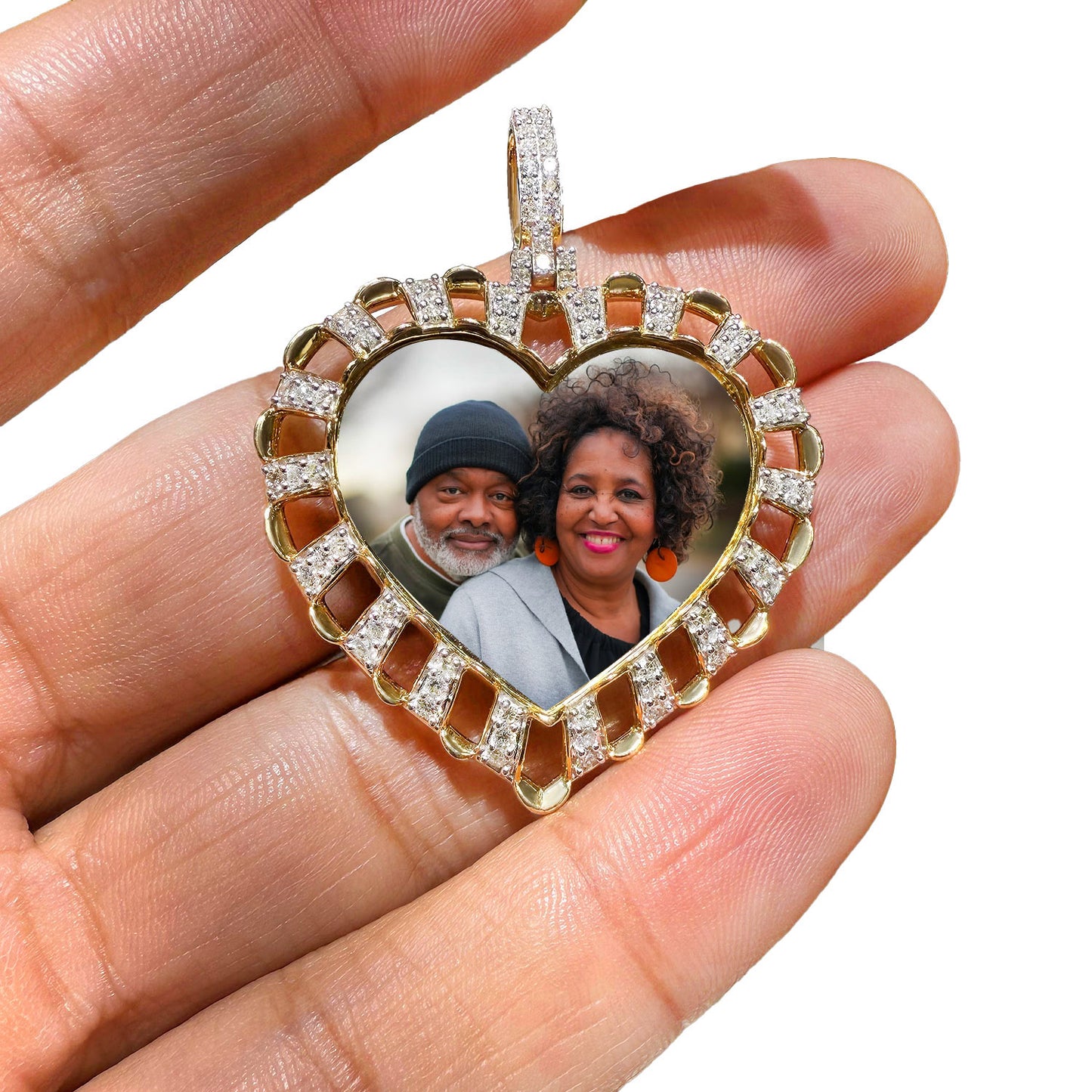0.87CTW Real Diamond Real 10K Gold Customizable Heart Memory Pendant 1.8"