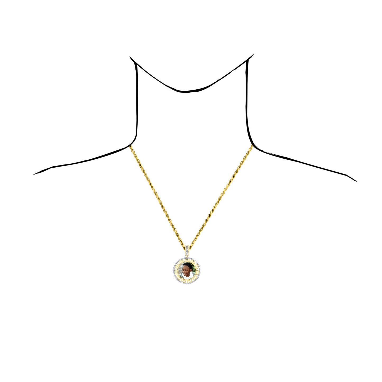 0.20CTW Real Diamond Real 10K Gold Circle Greek Key Memory Customizable Pendant 2"