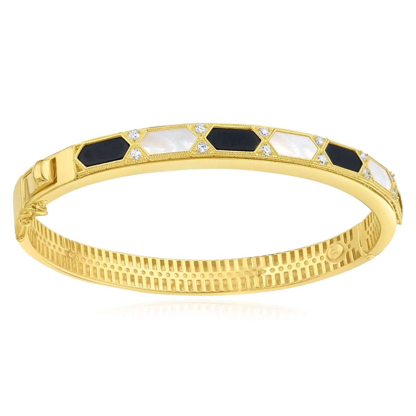 Real 14K Gold 0.24CTW Real Diamond Malachite MOP Onyx 7mm Bangle Bracelet 7.5"