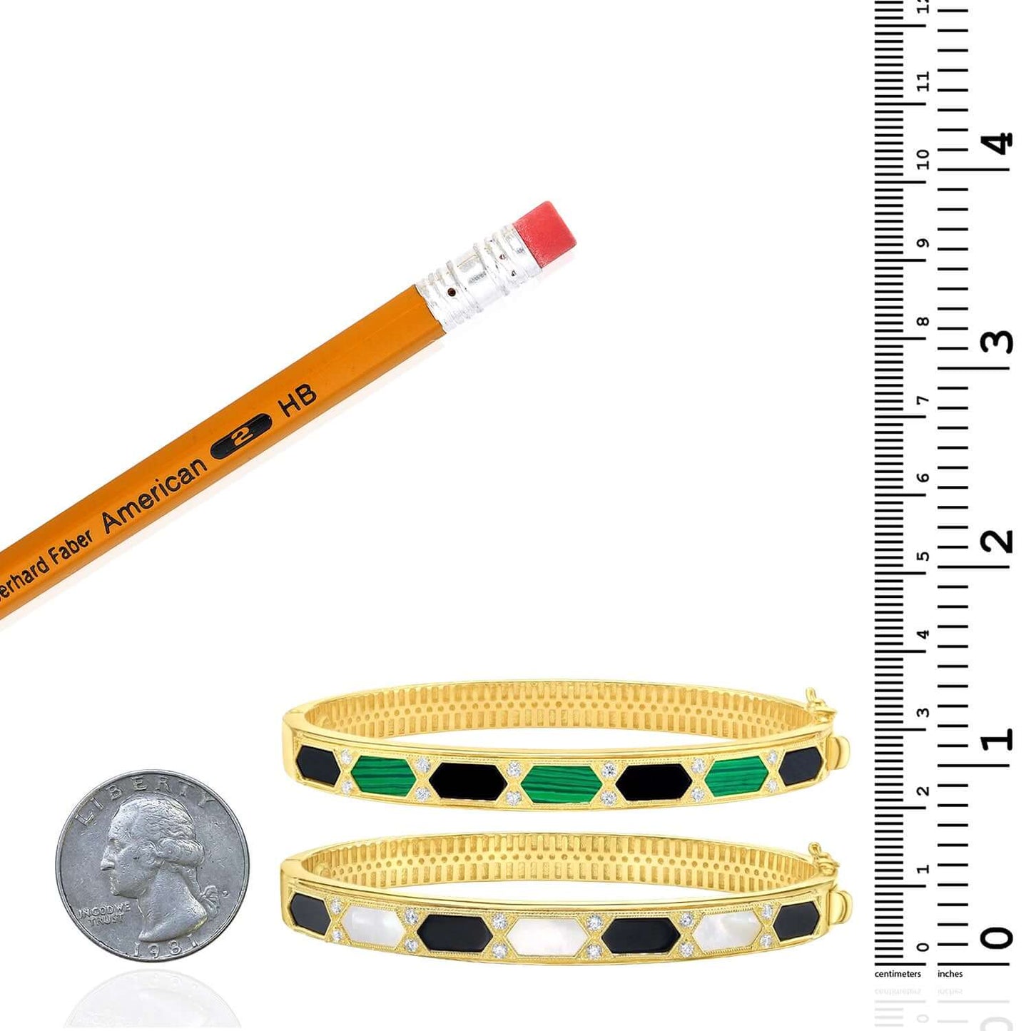 Real 14K Gold 0.24CTW Real Diamond Malachite MOP Onyx 7mm Bangle Bracelet 7.5"
