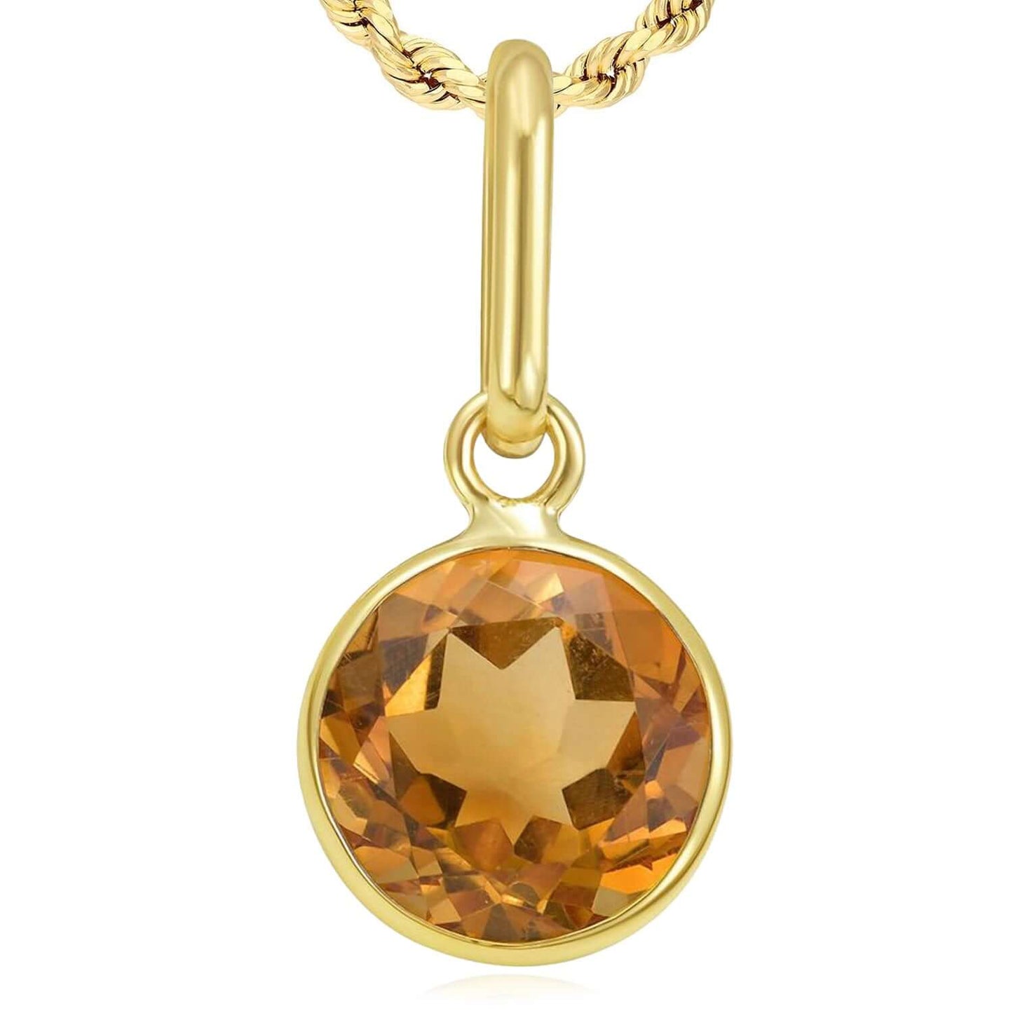 Real 14K Gold Round Solitaire Natural Gemstone Charm Pendant 0.7"