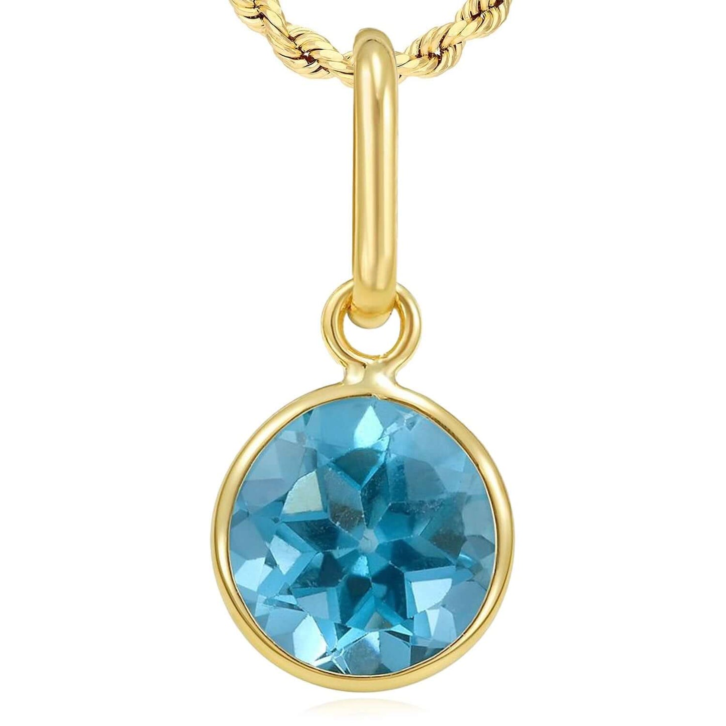 Real 14K Gold Round Solitaire Natural Gemstone Charm Pendant 0.7"