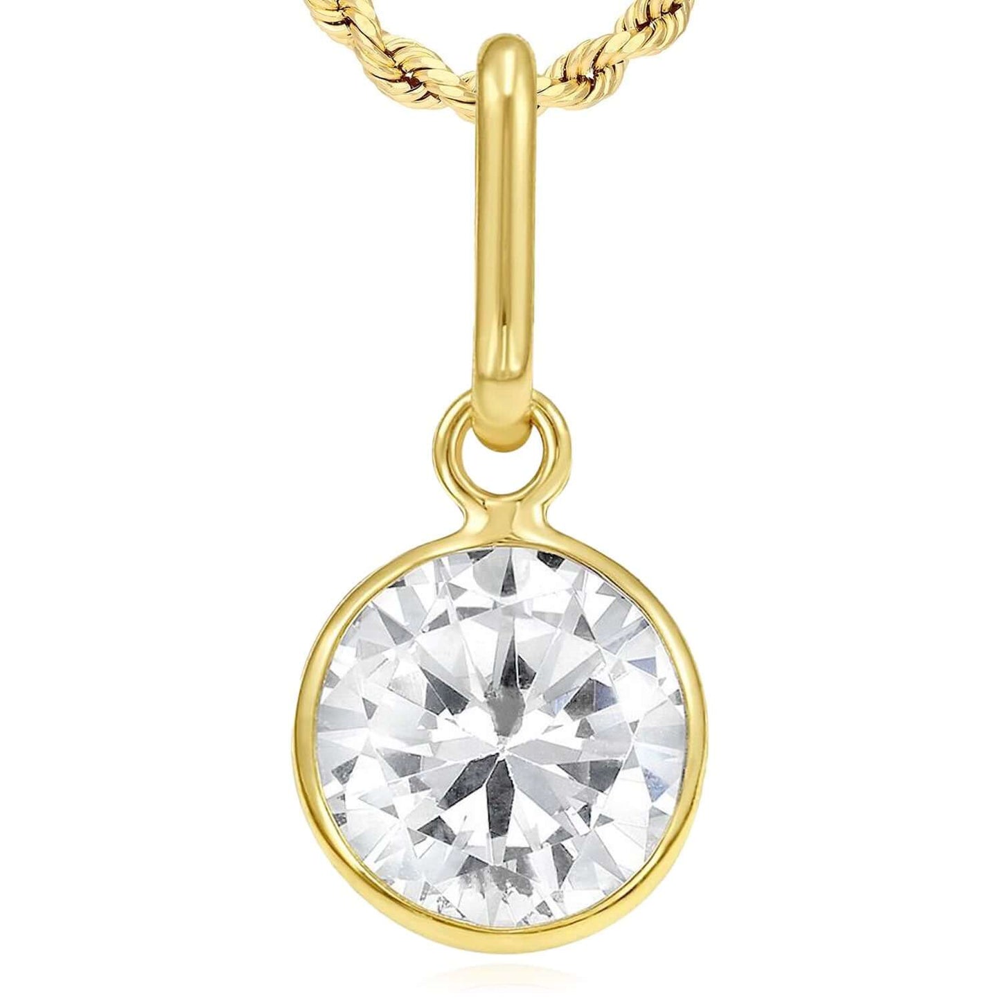 Real 14K Gold Round Simulated Gemstone Charm Pendant 0.7"