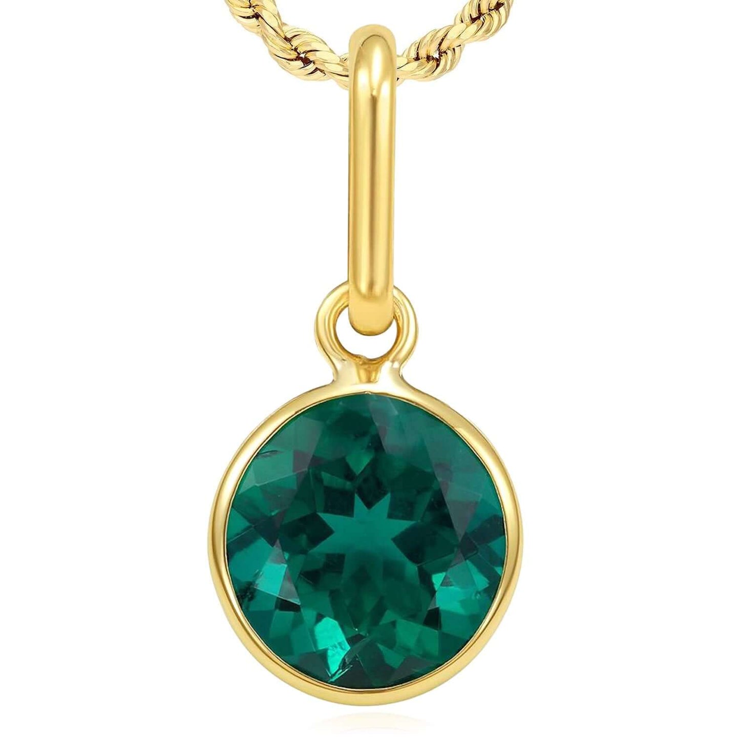 Real 14K Gold Round Simulated Gemstone Charm Pendant 0.7"