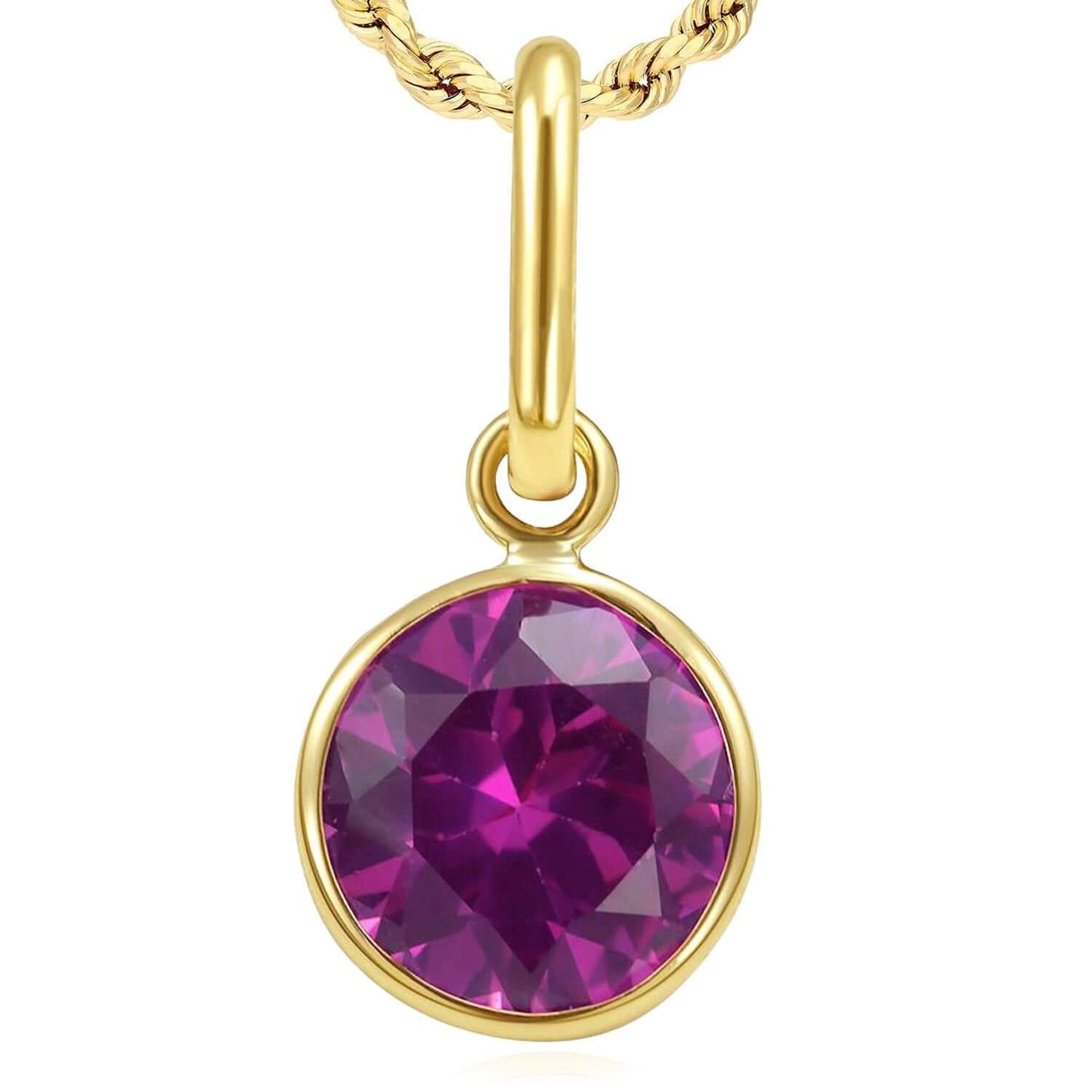 Real 14K Gold Round Simulated Gemstone Charm Pendant 0.7"