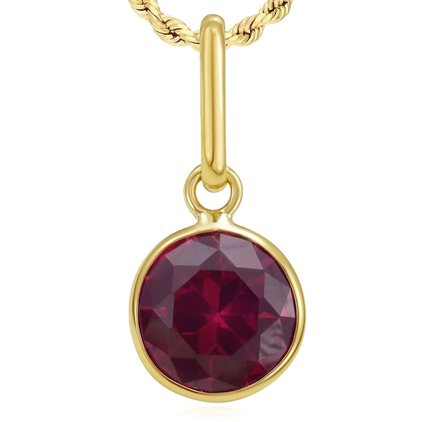 Real 14K Gold Round Simulated Gemstone Charm Pendant 0.7"