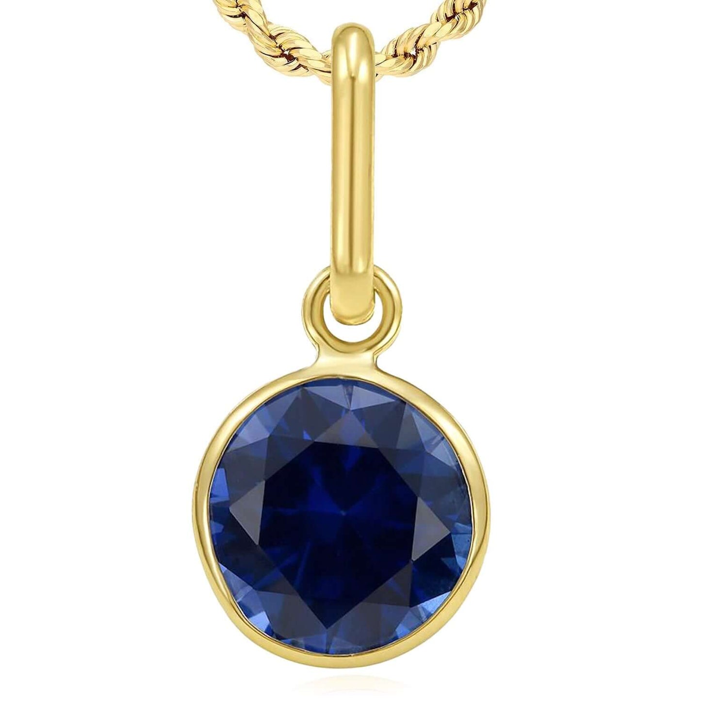 Real 14K Gold Round Simulated Gemstone Charm Pendant 0.7"