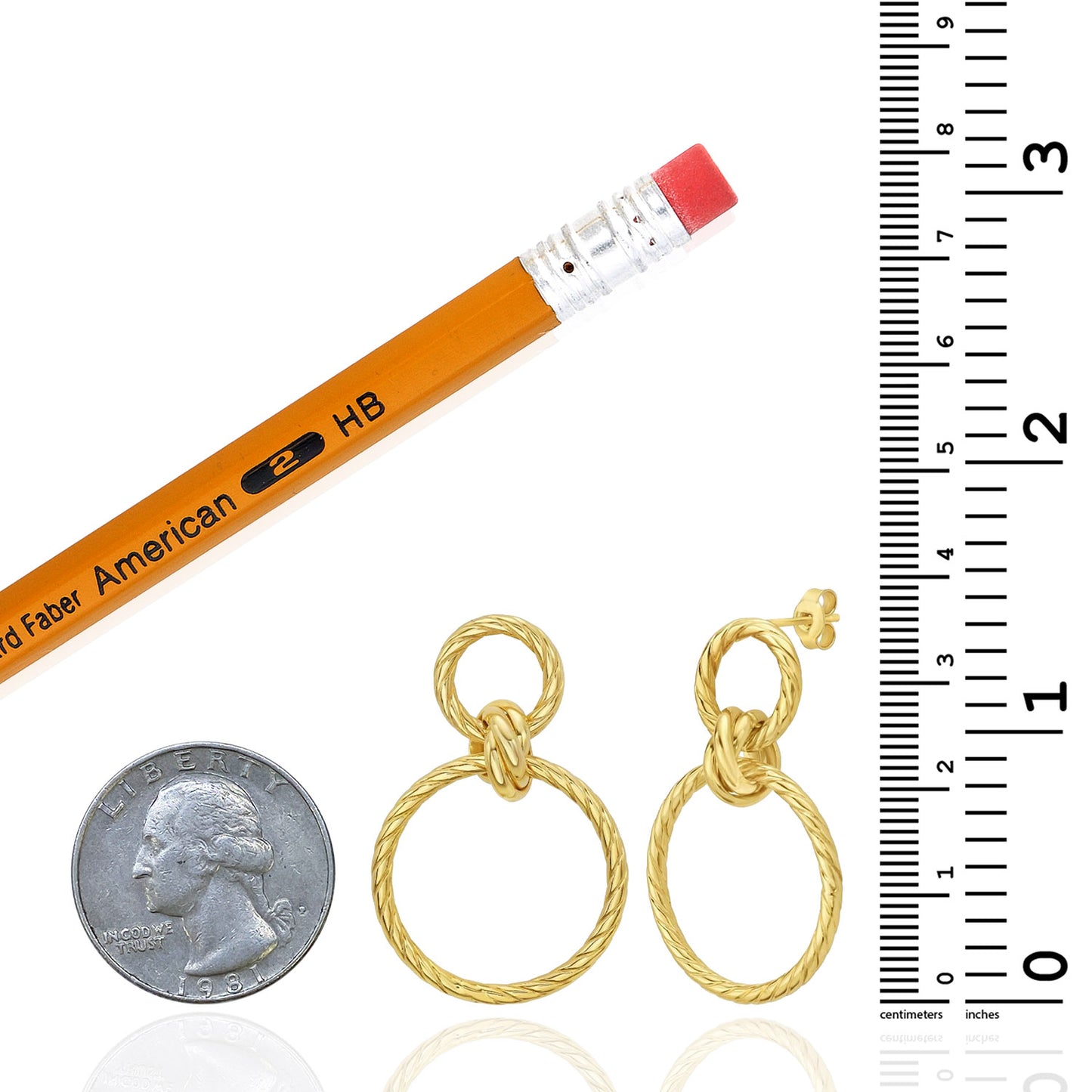 Real 14K Gold Double Twist Round Dangle Stud Earrings 36mm