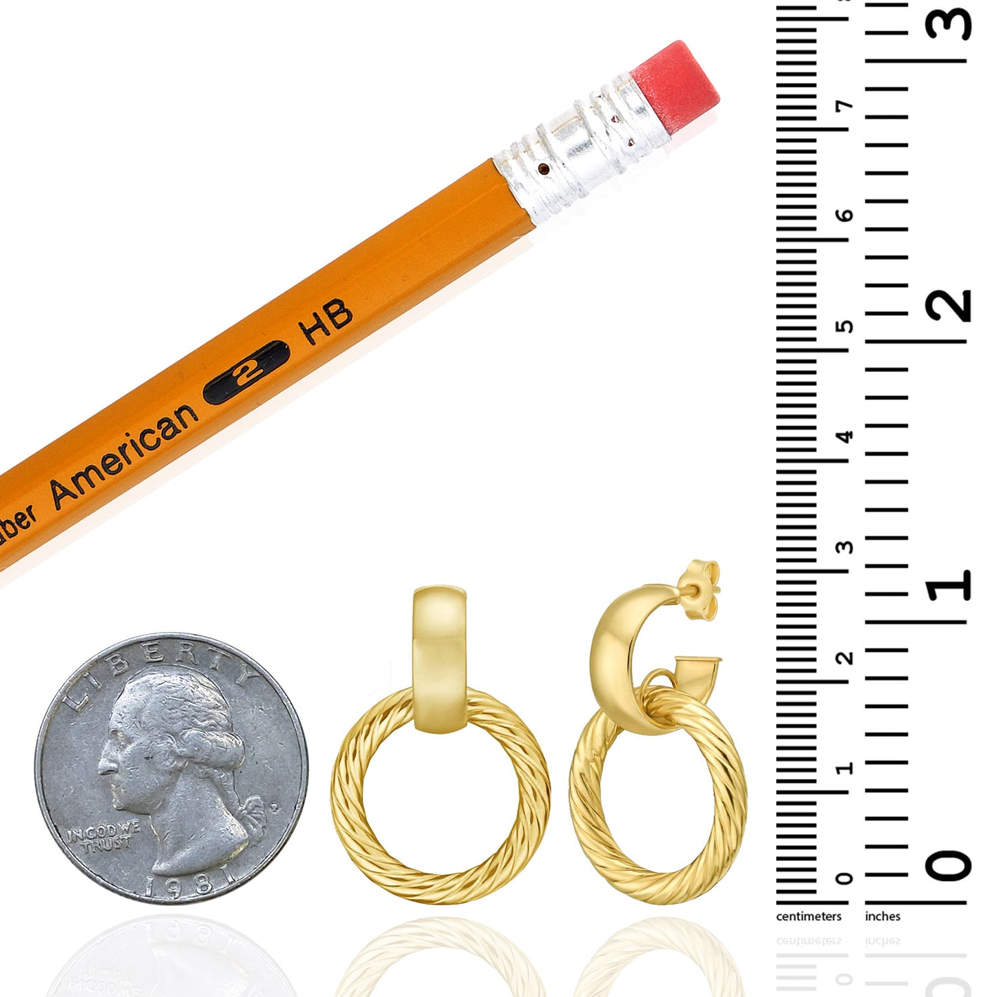 Real 14K Gold Double Round Twist Dangle Stud Earrings 29mm