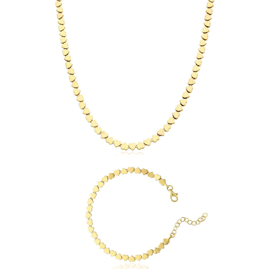 14K Yellow Gold Heart Link Necklace (15"–16") & Bracelet (5.5"–7") Set